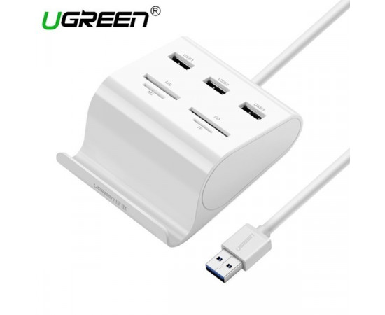 USB ჰაბი + ბარათის წამკითხველი - UGREEN US156 (30344) UGREEN USB 3.0 3 Ports Hub + Card Reader with Cradle 1m