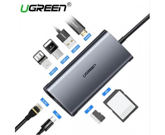 უნივერსალური ადაპტორი - UGREEN CM121 (50516) USB C Hub Type-C Adapter 3.1 HDMI Micro SD Card Reader USB-C to 3*USB3.0 HDMI RJ45 SD TF converter