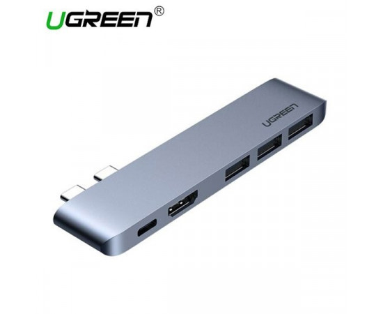 ადაპტერი - UGREEN CM251 (60559) Dual USB-C to HDMI+ 3 USB 3.0 + Type C female + PD Converter Gray for MacBook