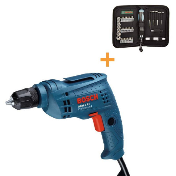 ბურღი Bosch GBM 10 RE + სახრახნისის კომპლექტი