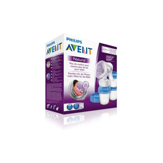 რძის საწველი ტუმბო ხელის "Avent" "Natural",  საწოვარით 3ც კონტეინერით