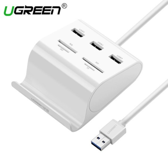 USB ჰაბი + ბარათის წამკითხველი - UGREEN US156 (30344) UGREEN USB 3.0 3 Ports Hub + Card Reader with Cradle 1m